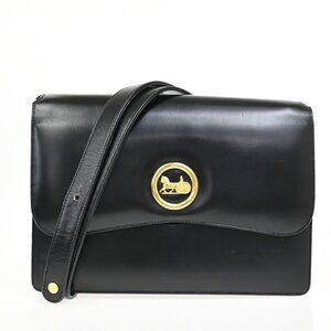 CELINE PARIS Logo Horse Carriage Shoulder Bag Leather Black Gold Italy